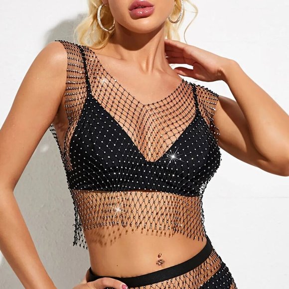 Mesh See Through Vest Women Sexy Shiny Fishnet Crop Top Cover - Picture 9 of 9